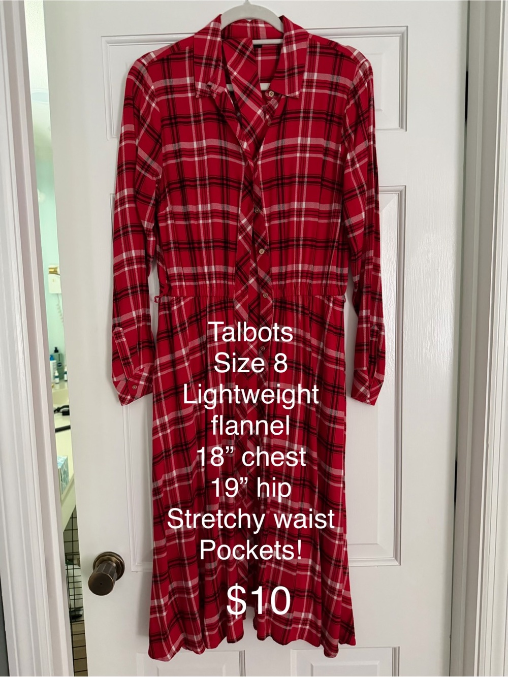 Talbots Red and White Plaid Long-Sleeve Button Dress